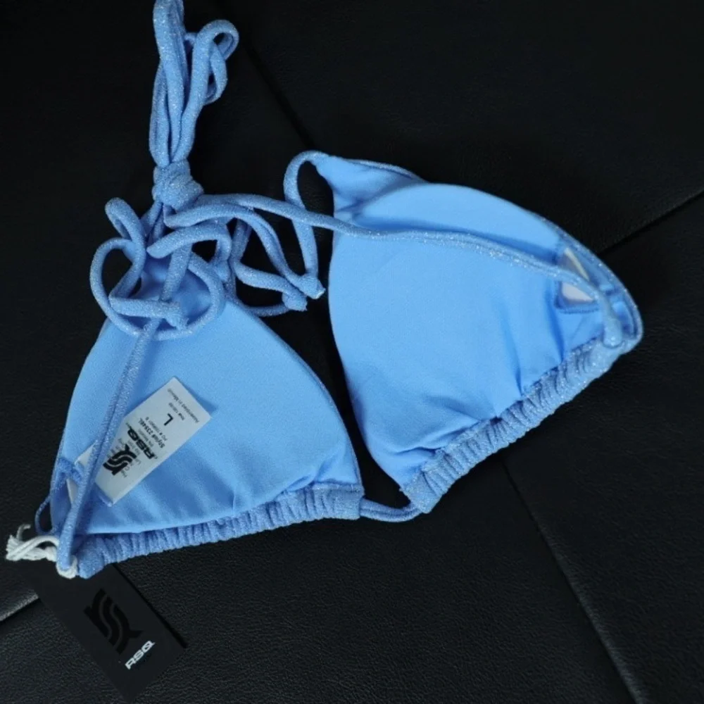 New RSQ metallic blue sparkly shimmery lined triangle bikini festival top, Large
